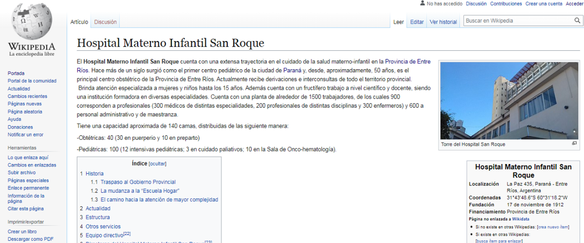 El Hospital Materno Infantil San Roque en la Wikipedia